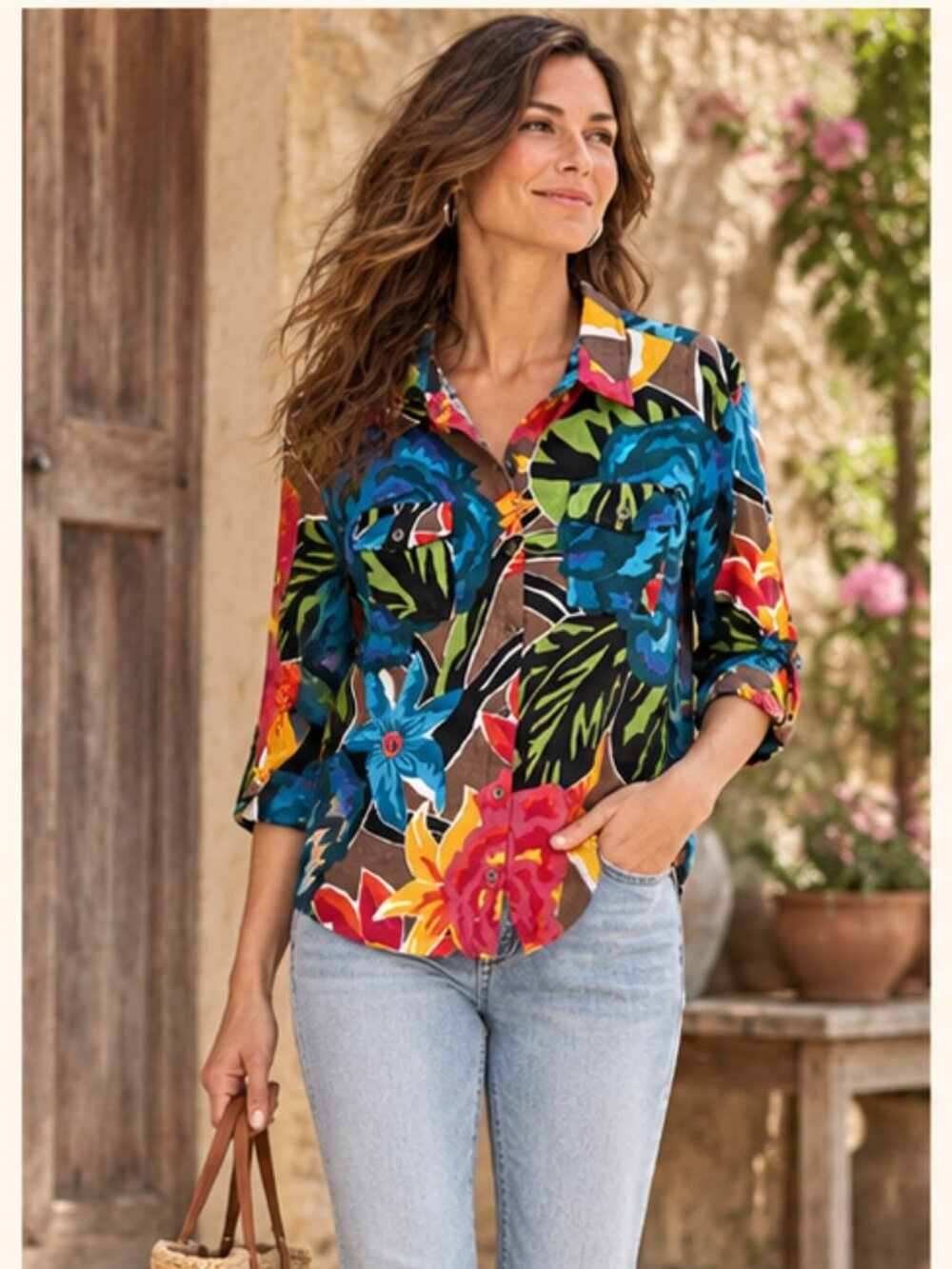 Chico's 100% Linen Button Down Shirt Size 2 Funky Abstract Print Multicolor